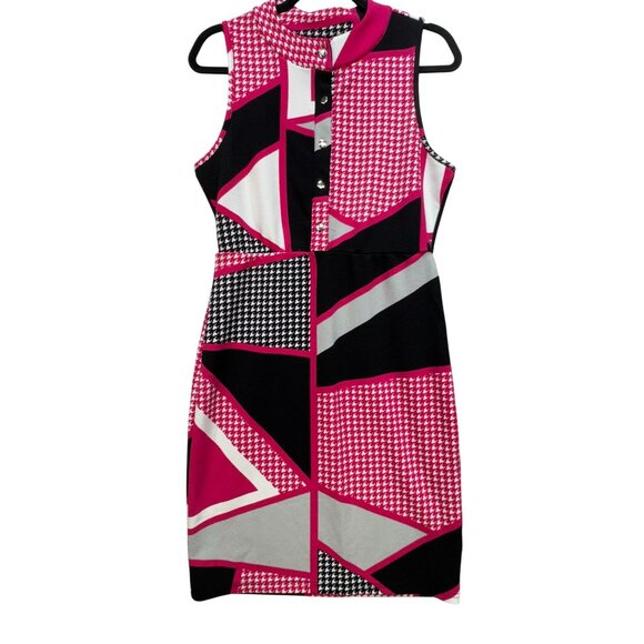 Emery Rose Womens Sheath Dress Size L Pink Black Houndstooth Abstract Sleeveless - Picture 1 of 13